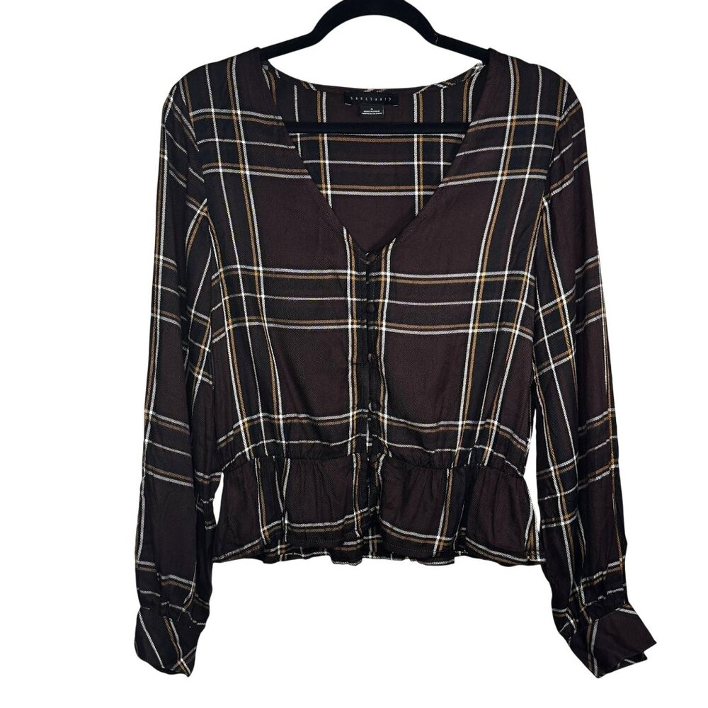 Sanctuary Womens Brown Plaid Button-Down Blouse Size S Lightweight Rayon Long Sl